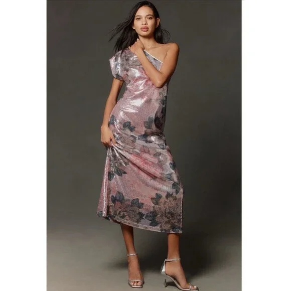 Anthropologie | Dresses | Anthropologie Porridge Maxi Dress Pink Sequin One  Shoulder Preppy Medium Nwt | Poshmark